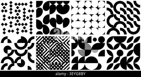 8er-Set mit geometrischem Muster in Schwarz und weiß im Retro-Stil des bauhauses, minimales, nahtloses Design. Trendiges Design abstrakter bauhaus Vektor grafischer Hintergrund Stock Vektor