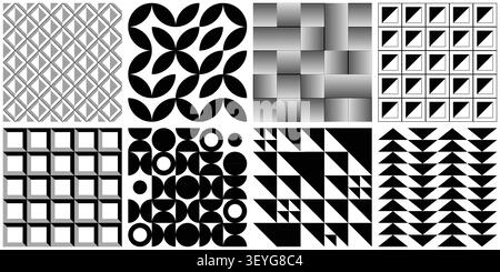 8er-Set mit geometrischem Muster in Schwarz und weiß im Retro-Stil des bauhauses, minimales, nahtloses Design. Trendiges Design abstrakter bauhaus Vektor grafischer Hintergrund Stock Vektor