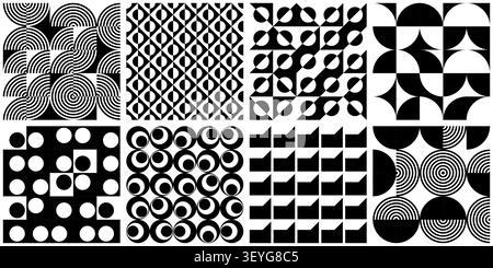 8er-Set mit geometrischem Muster in Schwarz und weiß im Retro-Stil des bauhauses, minimales, nahtloses Design. Trendiges Design abstrakter bauhaus Vektor grafischer Hintergrund Stock Vektor