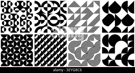 8er-Set mit geometrischem Muster in Schwarz und weiß im Retro-Stil des bauhauses, minimales, nahtloses Design. Trendiges Design abstrakter bauhaus Vektor grafischer Hintergrund Stock Vektor