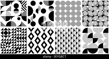 8er-Set mit geometrischem Muster in Schwarz und weiß im Retro-Stil des bauhauses, minimales, nahtloses Design. Trendiges Design abstrakter bauhaus Vektor grafischer Hintergrund Stock Vektor
