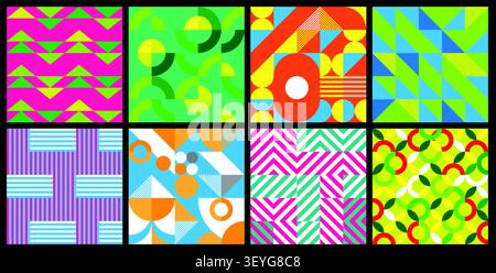 8er-Set mit geometrischem Muster in Schwarz und weiß im Retro-Stil des bauhauses, minimales, nahtloses Design. Trendiges Design abstrakter bauhaus Vektor grafischer Hintergrund Stock Vektor