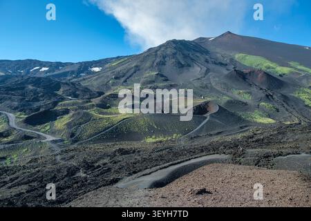 Vulkanische Schlackenzapfen und Krater auf dem Ätna überblicken Catania und Siziliens trübe Küste Stockfoto