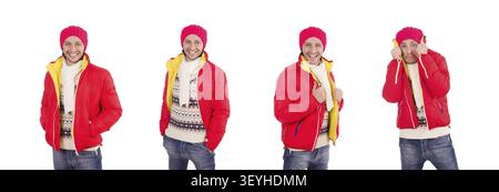 Junger Mann in Winterkleidung isoliert auf weiss Stockfoto