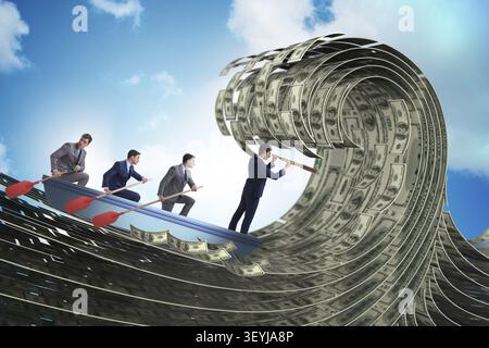 Geschäftsmann sein Team durch die Welle der Dollar führenden Stockfoto