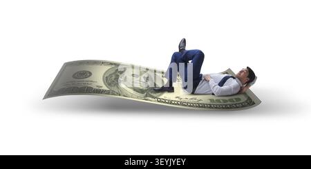 Junge Unternehmer schlafen auf Dollar auf Weiß isoliert Stockfoto