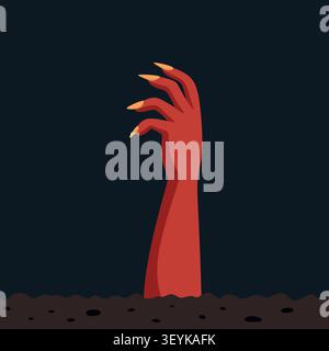 Rote Zombie-Hand, Vektor-Illustration. Zombie-Hand, beängstigende Zombie-Hand, die aus dem Boden aufsteigt. Gruselige Horror-Monsterhand, die aus der Erde auftaucht. Halloween Stock Vektor