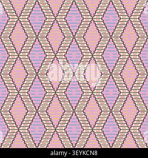 Abstrakte Pixel-Kunst geometrisches nahtloses Muster mit buntem Diamantgitter auf lila Hintergrund. Stockfoto