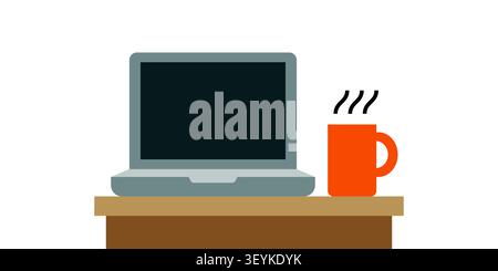 Flache Vektor-Illustration eines Laptops und einer heißen Kaffeetasse auf einem Holzschreibtisch, die eine moderne Remote-Arbeit Büroumgebung darstellt. Stock Vektor