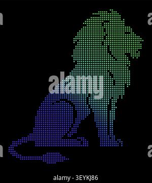 Eine Seitenprofil-Silhouette eines sitzenden Löwen, die aus einem Gitter aus kleinen leuchtenden Punkten mit einem leuchtenden blauen, lila und grünen Farbverlauf besteht Stock Vektor