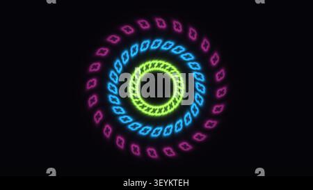Dieses Design verfügt über ein spiralförmiges Muster aus bunten Formen vor dunklem Hintergrund. Das Muster erzeugt einen auffälligen visuellen Effekt mit lebendigen Farben Stockfoto