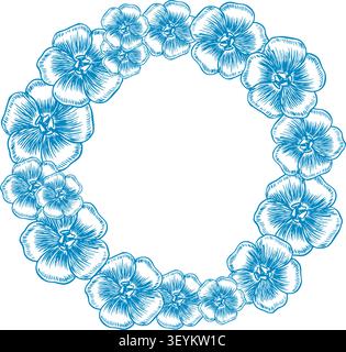 Kranz aus blauen Flachsblüten. Grafiken, Vektoren und handgezeichnete Illustrationen. Perfekt für Etiketten und Verpackungen, Gruß- und Einladungskarten und vieles mehr Stock Vektor