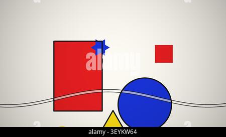 Verschiedene geometrische Formen in hellen Farben, darunter Rot, Blau, Gelb und Grün, sind vor einem hellen neutralen Hintergrund angeordnet. Die Formen erzeugen einen Stockfoto