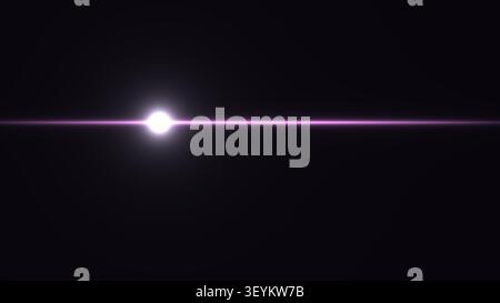 Ein helles, leuchtendes Licht erzeugt einen zentralen Punkt mit einem violetten Streifen, der sich horizontal erstreckt. Der dunkle Hintergrund verbessert die Sichtbarkeit von Licht A Stockfoto