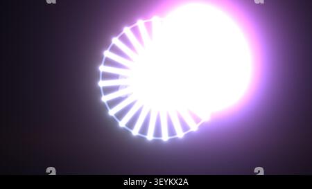 Eine helle Lichtquelle erzeugt ein spiralförmiges Muster mit strahlenden kreisförmigen Strahlen. Das Design verfügt über einen leuchtenden Effekt vor dunklem Hintergrund, Textmarker Stockfoto