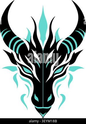 Flache Illustration eines dunkelgehörnten Drachengesichts mit scharfen blauen Eisakzenten und einem dramatischen symmetrischen Design Stock Vektor