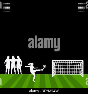 Fußball-Freistoß-Hintergrund mit Spielersilhouette, Verteidigungswand, Fußballtor und Kopierraum. Stock Vektor