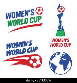 Symbolset für die Damen-Weltmeisterschaft mit Trophäe, Fußball, Kugel, Meisterschaftstext und Sportelementen. Stock Vektor