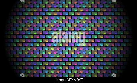 Dabei handelt es sich immer noch um ein lebendiges geometrisches Muster, das mit verschiedenen farbigen Formen erstellt wurde, die in einem Raster angeordnet sind. Der kontrastierende schwarze Hintergrund betont die Akzente Stockfoto