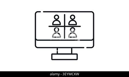 Symbol für Laptop-Videokonferenzen: Tragbarer Notebook-Computer mit Anzeige von Online-Meetings und virtuellen Anrufen mit Teilnehmern auf dem Bildschirm, minimalistische schwarze Linie Stock Vektor