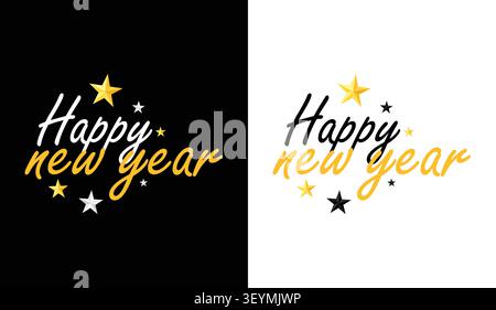 Happy New Year Handbeschriftung auf schwarzem und weißem Hintergrund mit Goldsternen – Vektor-Illustration Stock Vektor