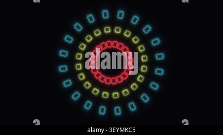 Dieses Design verfügt über eine kreisförmige Anordnung von Neonformen in leuchtenden Farben. Der zentrale Bereich ist von sich wiederholenden geometrischen Mustern gegen ein umgeben Stockfoto