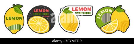 Barcode-Etikettenset für Zitronenfrüchte. Trendige Retro-Embleme mit Bio-Frischeetikett für Supermärkte, Farmgeschäfte und Lebensmittelgeschäfte. Tropisches Design mit flachem Plakett-Aufkleber. Vektorgrafik Stock Vektor