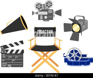 Kino- und Filmkonzept mit flachen Ikonen Filmrolle, Regisseurstuhl, Bullhorn, Trennwand, isolierte Vektorillustration Stock Vektor