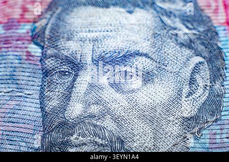 Makroporträt der Ukraine-Währung Banknote Nahaufnahme der Augen auf der 10-Hrywnja-Banknote Stockfoto