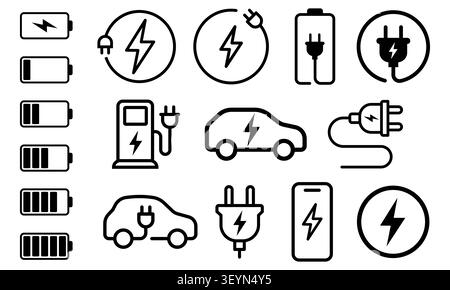 Symbole zum Laden von Elektrofahrzeugen und zur Batterieleitung gesetzt Stock Vektor