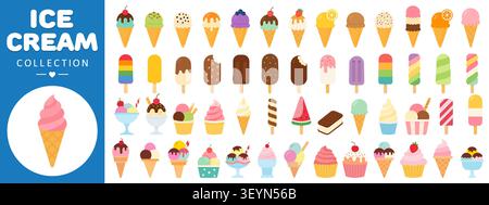 Ice Cream Collection Set von flachen Vektor-Icons und Desserts isoliert auf weißem Hintergrund. Stock Vektor