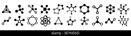 Abstrakte molekulare Symbole festgelegt. Geometrische Symbole für Wissenschaftstechnologie. Minimale schwarze Vektornetzwerkformen isoliert auf hellem Hintergrund. Stock Vektor
