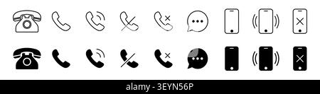 Symbole für die Telefonkommunikation in Linie und durchgehend eingestellt. Stock Vektor