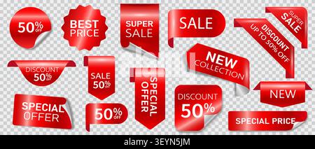 Rote Verkaufs-Bänder und Rabatt-Banner Set, realistische Hochglanz-Promotion Tags Vektor-Illustration isoliert Stock Vektor