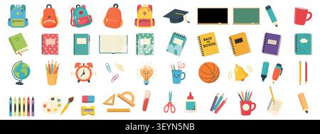 Back to School liefert Icon Set, farbenfrohe flache Vektor-Schreibwaren und Klassenzimmer Elemente isoliert auf weißem Hintergrund Stock Vektor