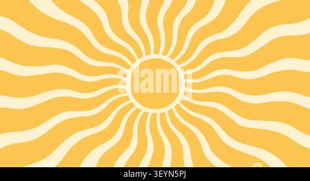 Sonnengrooviger Hintergrund, Sommer-Retro-radialer Burst, gelbe Grafik gewellt. Abstraktes, trendiges Poster zum Sonnenschein. Cartoon-Muster mit Lichtstrahl. Vintage-Boho-Muster Stock Vektor