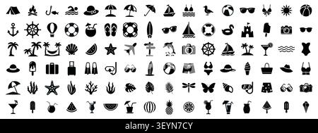 Mega-Sammlung von Symbolen für Sommerurlaub, Strandurlaub und Reise-Glyphe. Minimalistische Vektor-Illustration von flachen Silhouetten einschließlich tropischer Palmen Stock Vektor