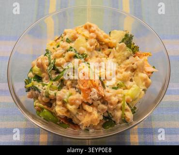 Lachs- und Couscous-Salat mit Gurken-Feta-Dressing, hausgemacht in einer Küche in Taylors Falls, Minnesota, USA. Stockfoto