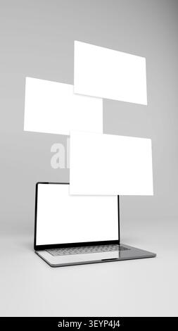 Vier Laptop-Bildschirme für Mockup. Schwebende Anzeigen in vertikaler Perspektive. Leere Vorlage zum Platzieren von Webseitendesign, Beiträgen, Textabschnitten. Bereit für Mo Stockfoto