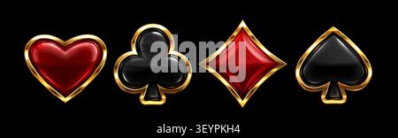 3D Poker Card Suit Symbol Set isoliert auf Hintergrund. Vektor-realistische Illustration von schwarzen und roten Pik, Herzen, Diamanten, Clubsymbolen in goldenen Rahmen, luxuriöse Casino-Interface-Design-Elemente Stock Vektor