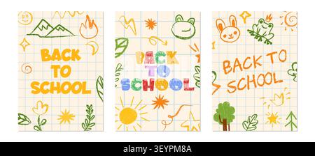 Back-to-School-Poster mit handgezeichneten Symbolen der Kinder, Buntstifte-Texturbuchstaben auf Papierblatthintergrund. Kinder kritzeln Karten mit verspielten Kreidekritzeln für fröhliches Grundlagendesign Stock Vektor