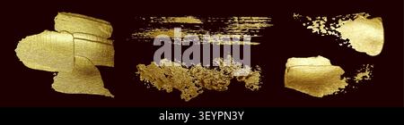 Goldene Pinselstriche, japanische Kalligraphie-Kunstelemente für elegante Rahmen, luxuriöse abstrakte Vektortexturen auf schwarzem Hintergrund. Goldenes Folienmuster mit Grunge-Effekt, Farbspritzer aus Metall Stock Vektor