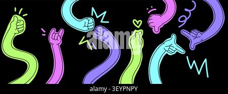 Flexible lange Arme mit Handgesten isoliert auf Schwarz. Vektor-Illustration von bunten menschlichen Handflächen und Fingern, die Gebärdensprache, Kritzelherz, Daumen nach unten, Felsen und Faust Grußzeichen zeigen Stock Vektor