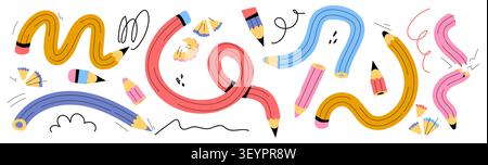 Doodle Set aus flexiblen Schul-, Büro-Bleistiften mit lustigen Formen, Kurven oder Knoten isoliert auf weißem Hintergrund. Vektor-Illustration von niedlichen Farb-Schreibwaren für Bildung, bunte Werkzeuge für Kinderzeichnung Stock Vektor