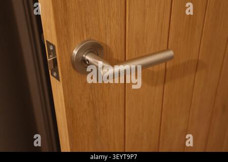 In einer Holztür ist ein Türgriff abgebildet. Der Griff ist silber und hat eine runde Form Stockfoto