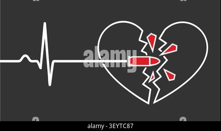 Eine auffällige und konzeptionell überzeugende Illustration, die eine weiße EKG-Herzschlaglinie mit einer gebrochenen Herzkontur kombiniert, bei der die Pulslinie direkt in das Herz fließt und eine rote Kugel abgibt, die das Herz von innen zerbricht und rote Fragmente nach außen fliegen lässt. Die flache Linie, die sich vom Herzen aus erstreckt, deutet auf einen unterbrochenen Herzschlag hin, der Themen tödlicher Liebe, emotionalem Tod und verheerendem Verlust verstärkt. Die klare weiße Strichgrafik vor dunklem Kohlehintergrund erzeugt einen auffälligen Kontrast, während die leuchtend rote Kugel und die Scherben der Komposition eine rohe Intensität verleihen. Perfekt für dunkle Romantik Stock Vektor