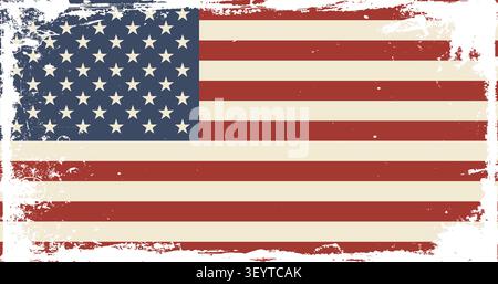 Eine klassische Wiedergabe der amerikanischen Flagge in gedämpften Vintage-Farben in Marineblau, Ziegelrot und Aged Creme, verziert mit kräftigen Grunge-Pinselstrichen und einem verwaschenen, spritzbespritzten Rand, der das klare, klare Stern- und Streifenmuster im Kern umrahmt. Der Kontrast zwischen dem gut erhaltenen zentralen Design und den rauen, abgenutzten Kanten sorgt für eine ausgewogene Retro-Ästhetik, die sowohl für auffällige Statement-Grafiken als auch für dezente Hintergründe geeignet ist. Dieses vielseitige Design eignet sich hervorragend für Promotionen zum Unabhängigkeitstag und zum 4. Juli, für Tribut an Memorial Day und Veterans Day, für patriotische Kleidung und Merchand Stock Vektor