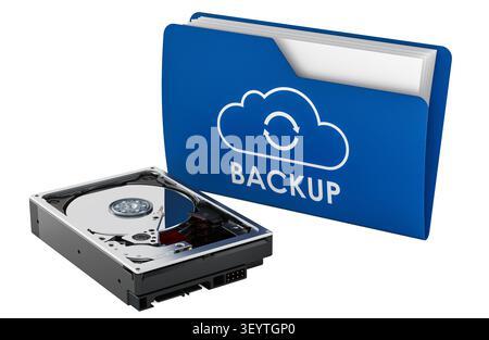 Festplatte und Sicherungsordner für den Datenschutz. 3D-Rendering isoliert auf weißem Hintergrund Stockfoto