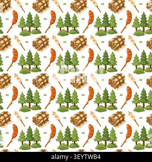 Wald Picknick Camping nahtloses Muster auf weißem Hintergrund. Cartoon Vektor Holzdruck. Stock Vektor