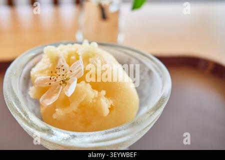 Erfrischendes gelbes gefrorenes Dessert mit einem zarten weißen Blütenblüten in einer Glasschale. Eine elegante Bio-Café-Süßigkeit, die auf einem Holztray serviert wird. Stockfoto